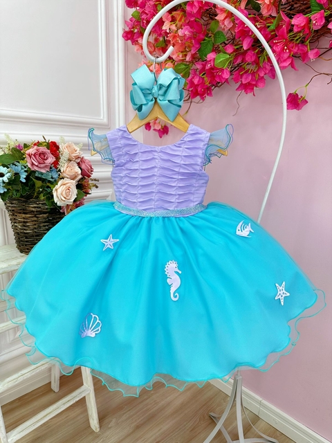 VESTIDO INFANTIL PRINCESA ARIEL PÉROLAS RENDA BRILHO