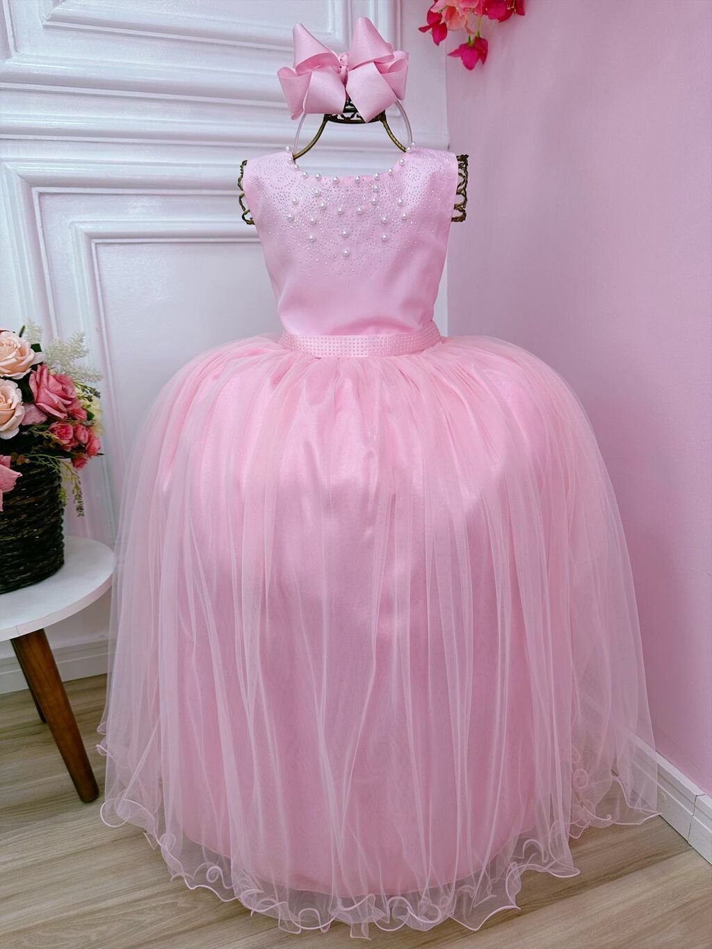 Vestido Infantil Rosa C/ Renda Strass e Pérolas Princesas