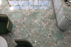Living y mesada con porcelanato azul coral