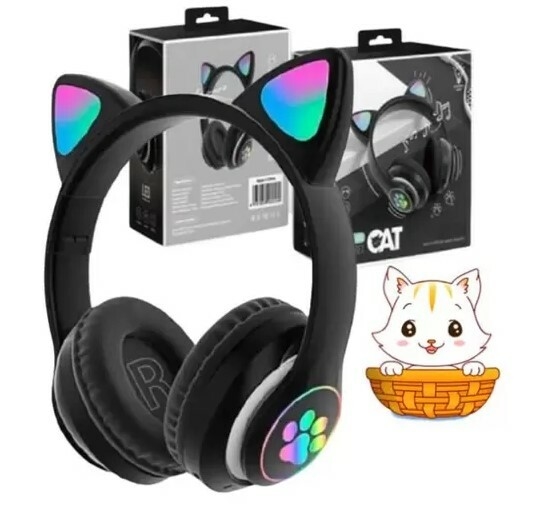 Fone de Ouvido Headphone Bluetooth Orelha de Gato LED Preto