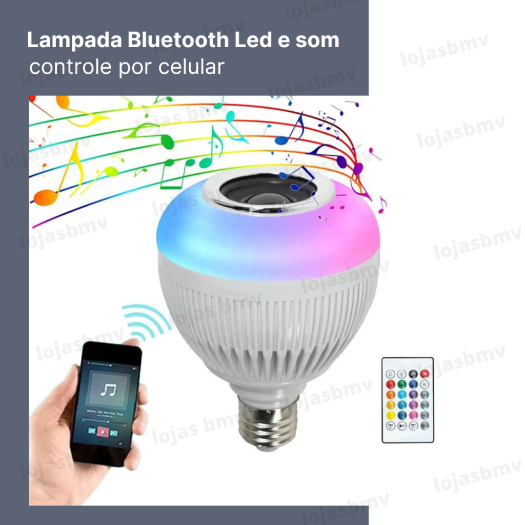 Lâmpada Bluetooth Led RGB + Som + Controle Remoto