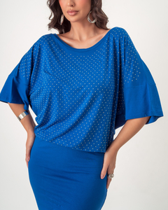 VESTIDO DE MALHA TIPO MORCEGO - AZUL - Miss Pink