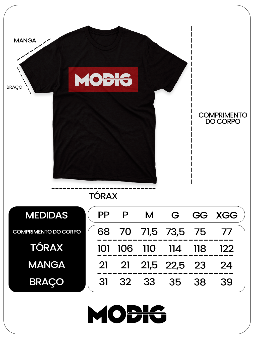 Guia de Medidas Camisetas Basicas Algodão Egipcio Modig