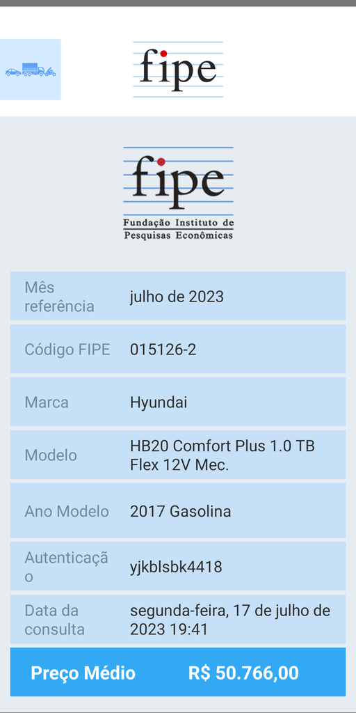 Preço de Hyundai HB20 1.0 Comfort 2017: Tabela FIPE