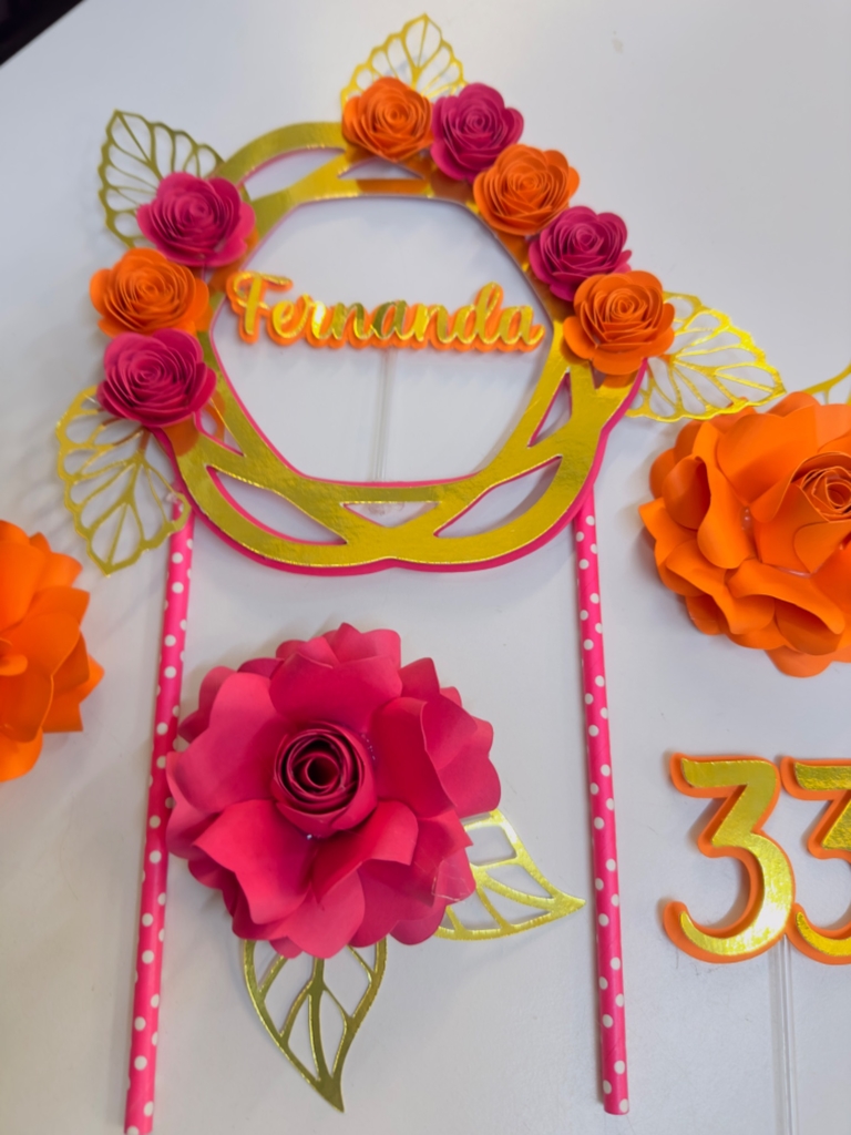 Topo / Topper de Bolo Adulto Feminino Personalizado 3D Flores