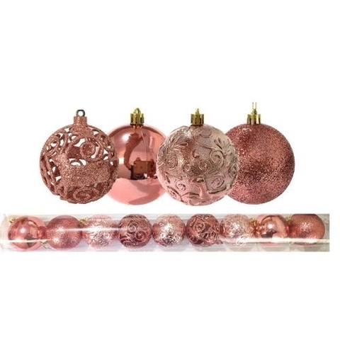 Jogo 24 Bolas Natal Mista Lisa, Gliter E Fosca Champagne Rosê 5cm