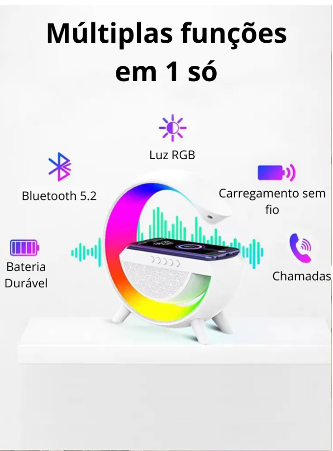 Luminária RGB 4 em 1 Carregador sem fio - caixa de som bluetooth