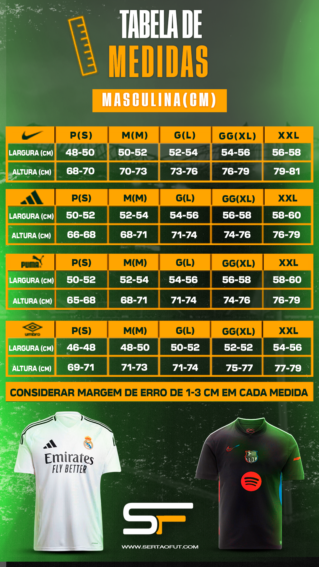 tabela de medidas masculina