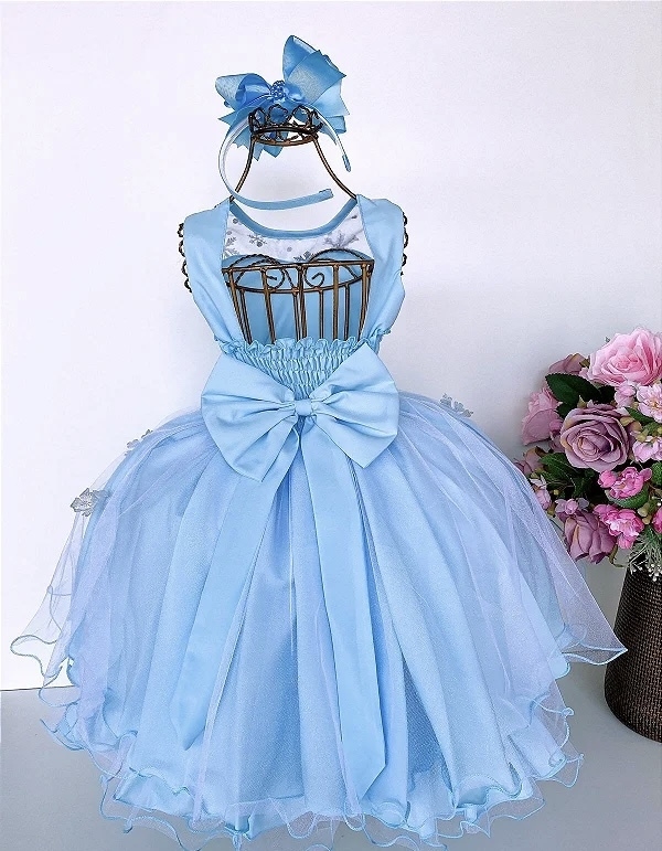 Vestido Infantil Azul Frozen com Capa Luxo