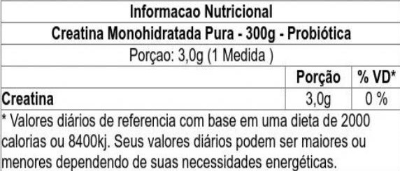 Tabela Nutricional (BULA) de Creatina Monohidratada Pura - 300g - Probiótica