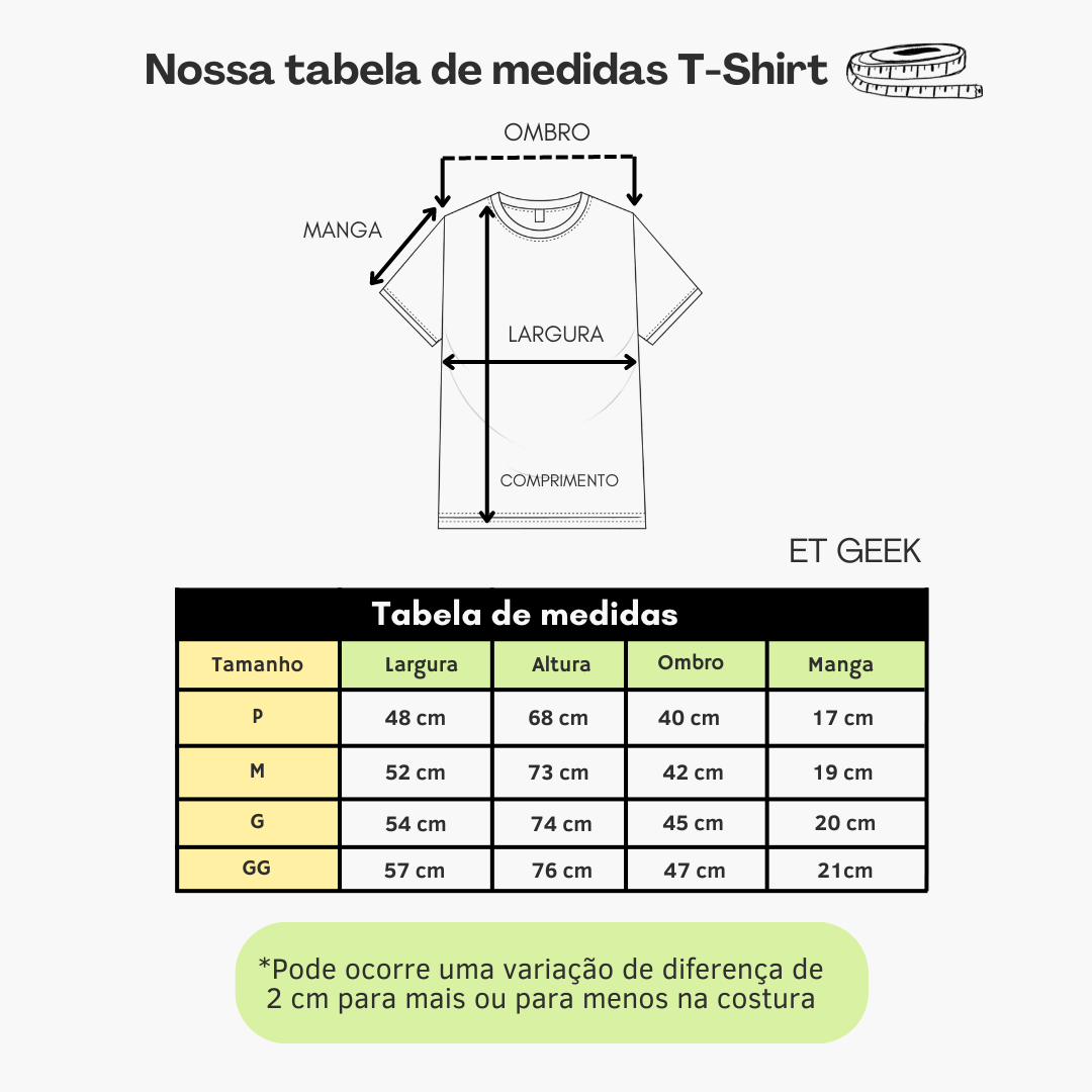 Tabela de medidas da T-Shirt