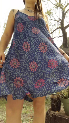 Vestido de seda hindú corto - Azul con flores rojas