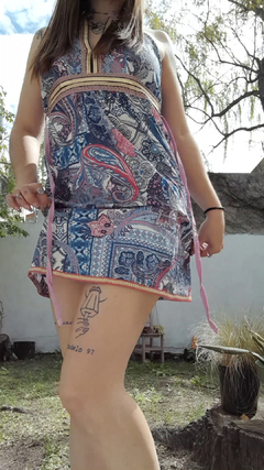 Vestido de seda Hindú corto - Azul con líneas oro