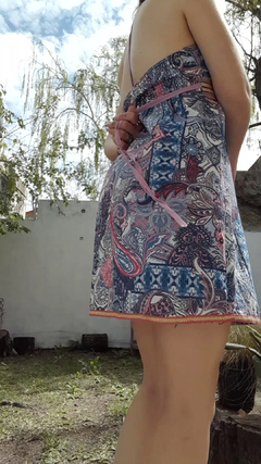 Vestido de seda Hindú corto - Azul con líneas oro en internet