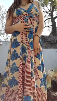 Vestido de seda hindú largo - Rojo, crema y azul