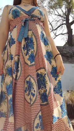 Vestido de seda hindú largo - Rojo, crema y azul en internet