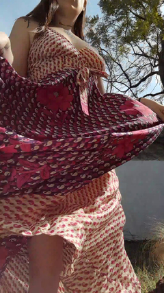 Vestido de seda hindú largo - Rojo, crema y vino - comprar online