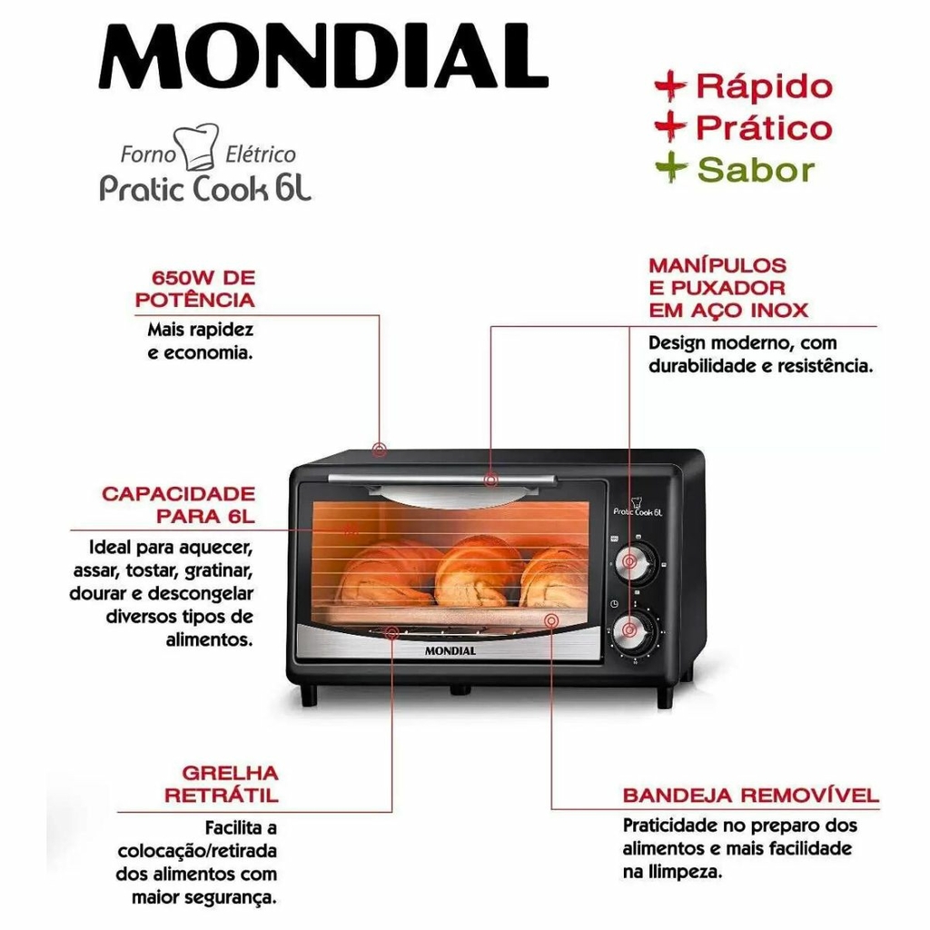 Forno Elétrico Pratic Cook 6 Litros Preto Mondial - jurunense