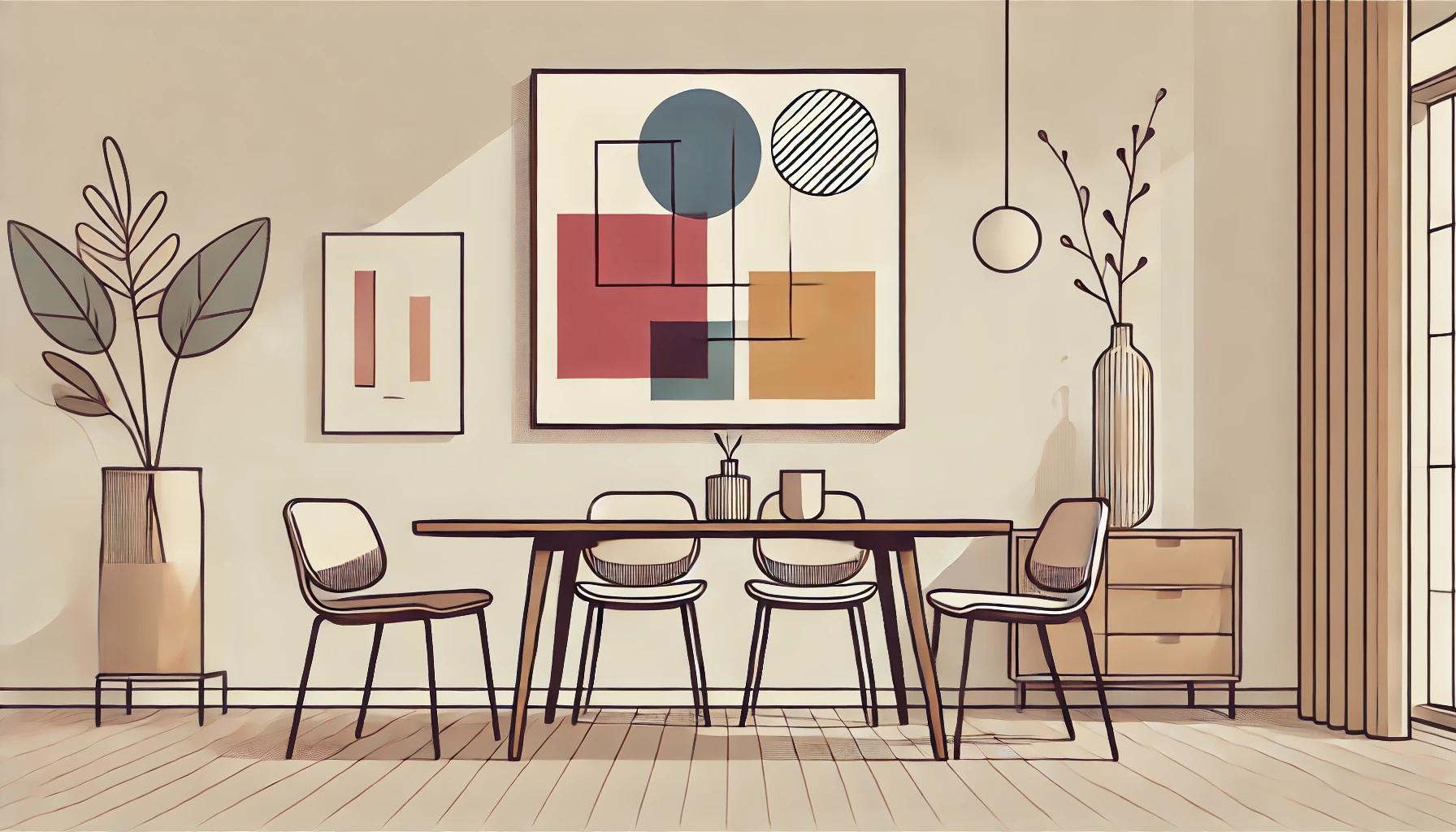 Ilustração minimalista de um quadro em sala de jantar moderna com decoração simples e elegante.