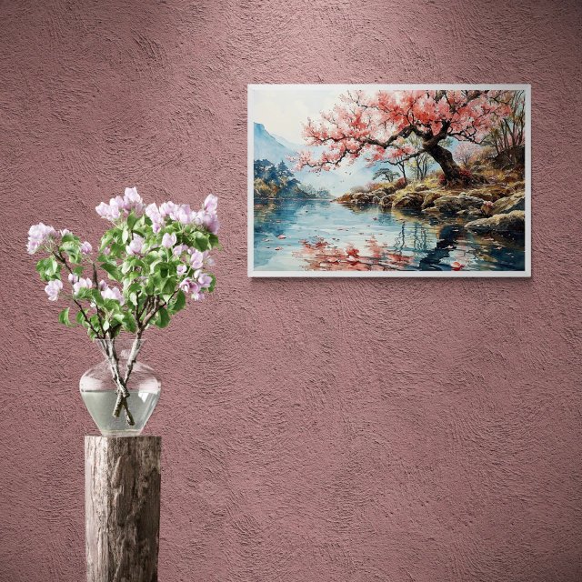 Visualização do quadro de paisagem "Sussurros de Sakura" na parede.