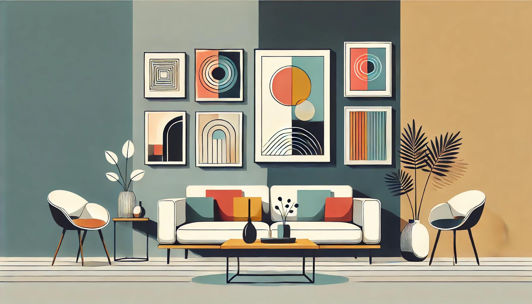 Ilustração minimalista em vetor de uma sala moderna com quadros abstratos na parede, destacando tendências de Quadro para Pôr na Sala em 2024.