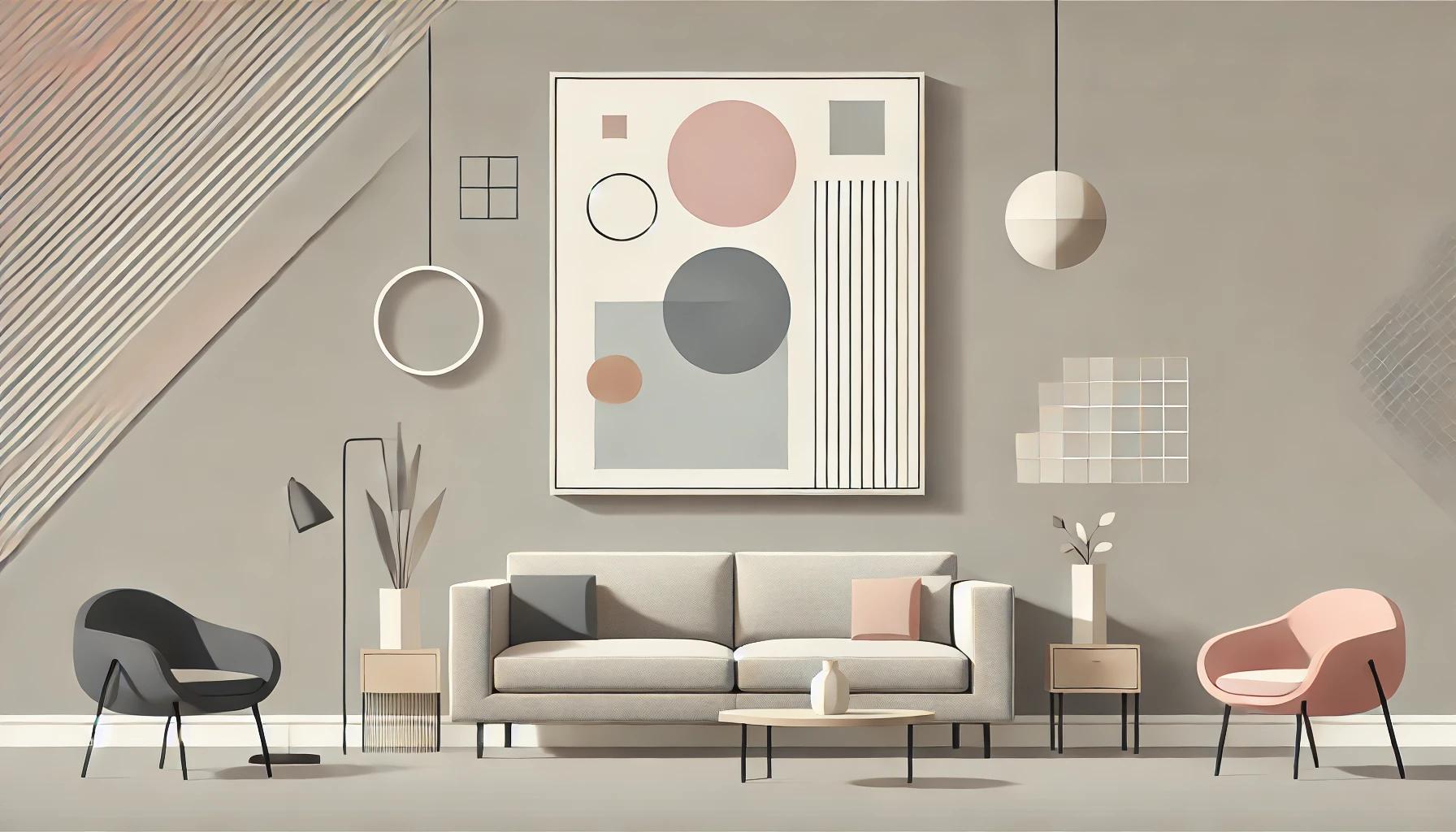 Ilustração vetorial minimalista de uma sala de estar moderna com um Quadro Decorativo para Salas acima de um sofá cinza, com design geométrico e cores suaves.