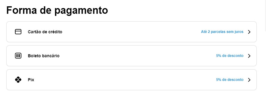 Formas de Pagamento, Cartão, Pix, Boleto
