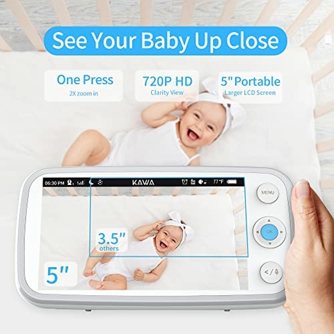 Monitor de bebé, pantalla dividida HD 720P de 5 pulgadas, monitor de bebé  de 30 horas de duración de la batería con cámara y audio, PTZ remoto, audio