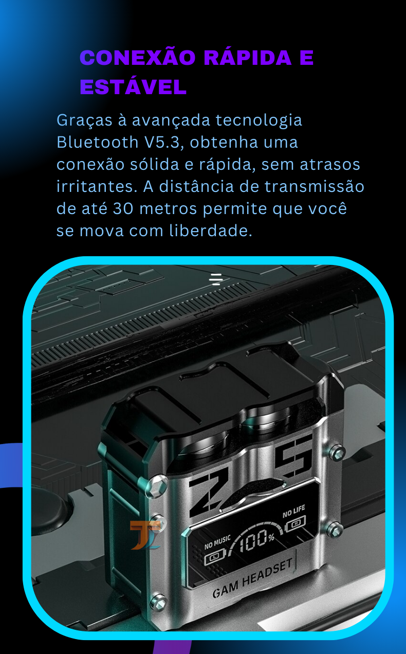 DAM. Fones de ouvido TWS M25 com modo de música e modo de jogo de baixa  latência, tela indicadora de carga. Base de carregamento de 300 mAh. - DAM