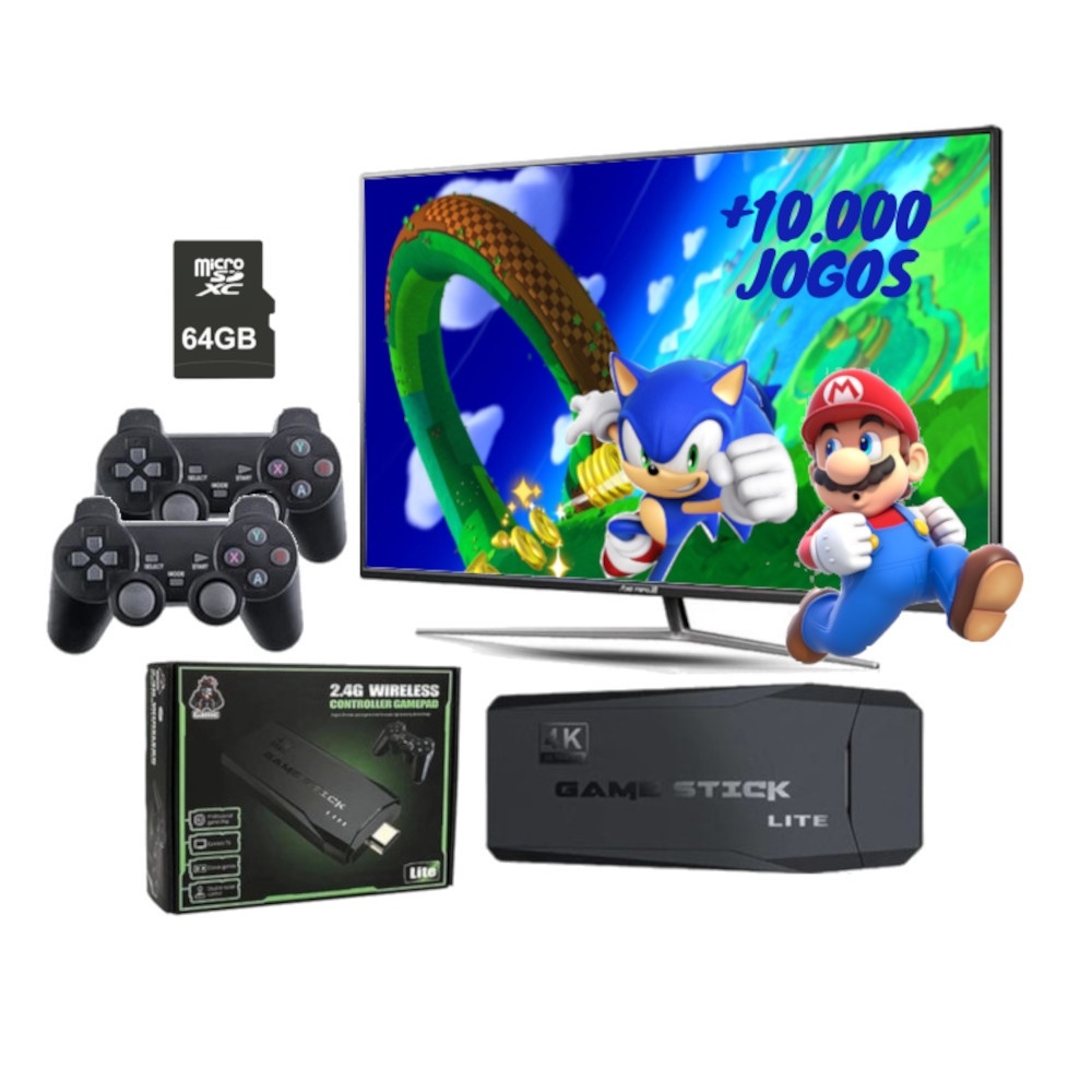 Game Stick Lite 4K + 20.000 Jogos Retrô, 9 Consoles, 2 Controles