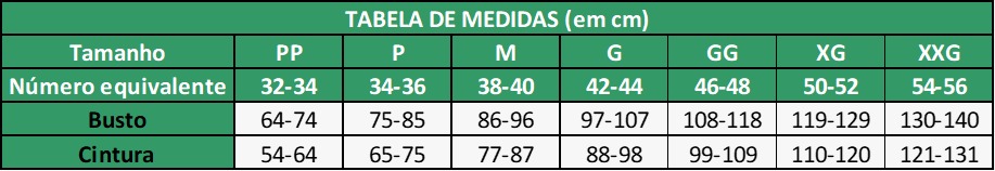 Tabela de Medidas dos Maiôs Viscondessa