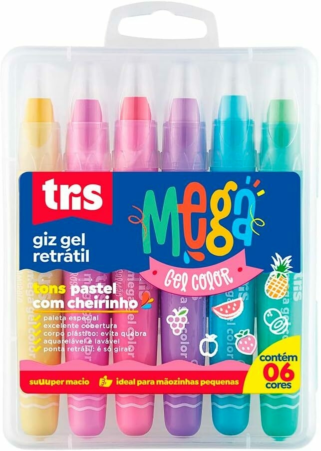 Giz de Cera Retrátil 6 cores Tons Pastel Mega Gel Color Tris 607535 na  Papelaria Art Nova