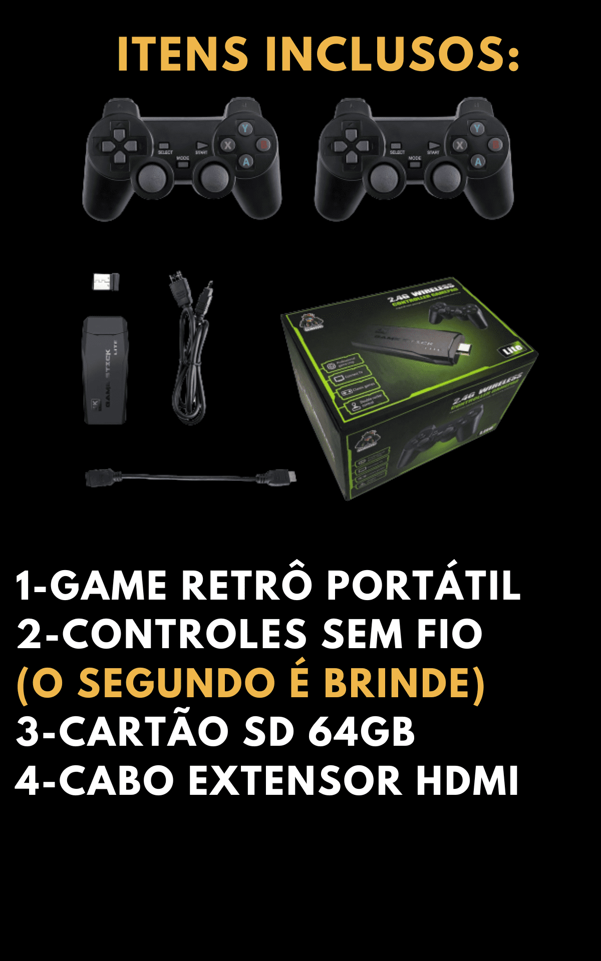 Game Stick Lite 4K + 2 Controles Sem fio e 15 Mil Jogos Retro