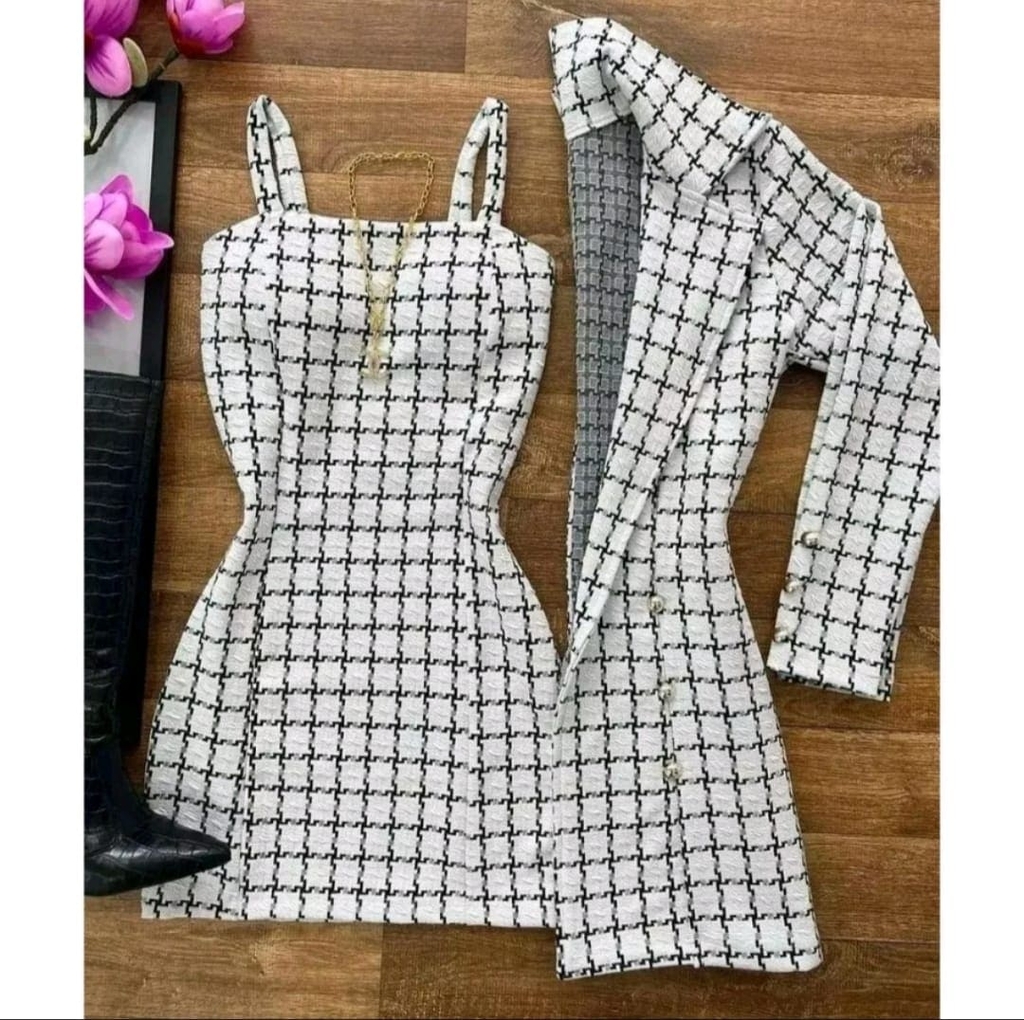 Conjunto Xadrez 2 Peças Blazer E Vestido 2023 Novo Moda Feminina