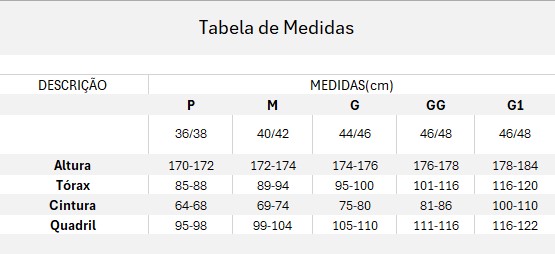MEdidas Masculinas