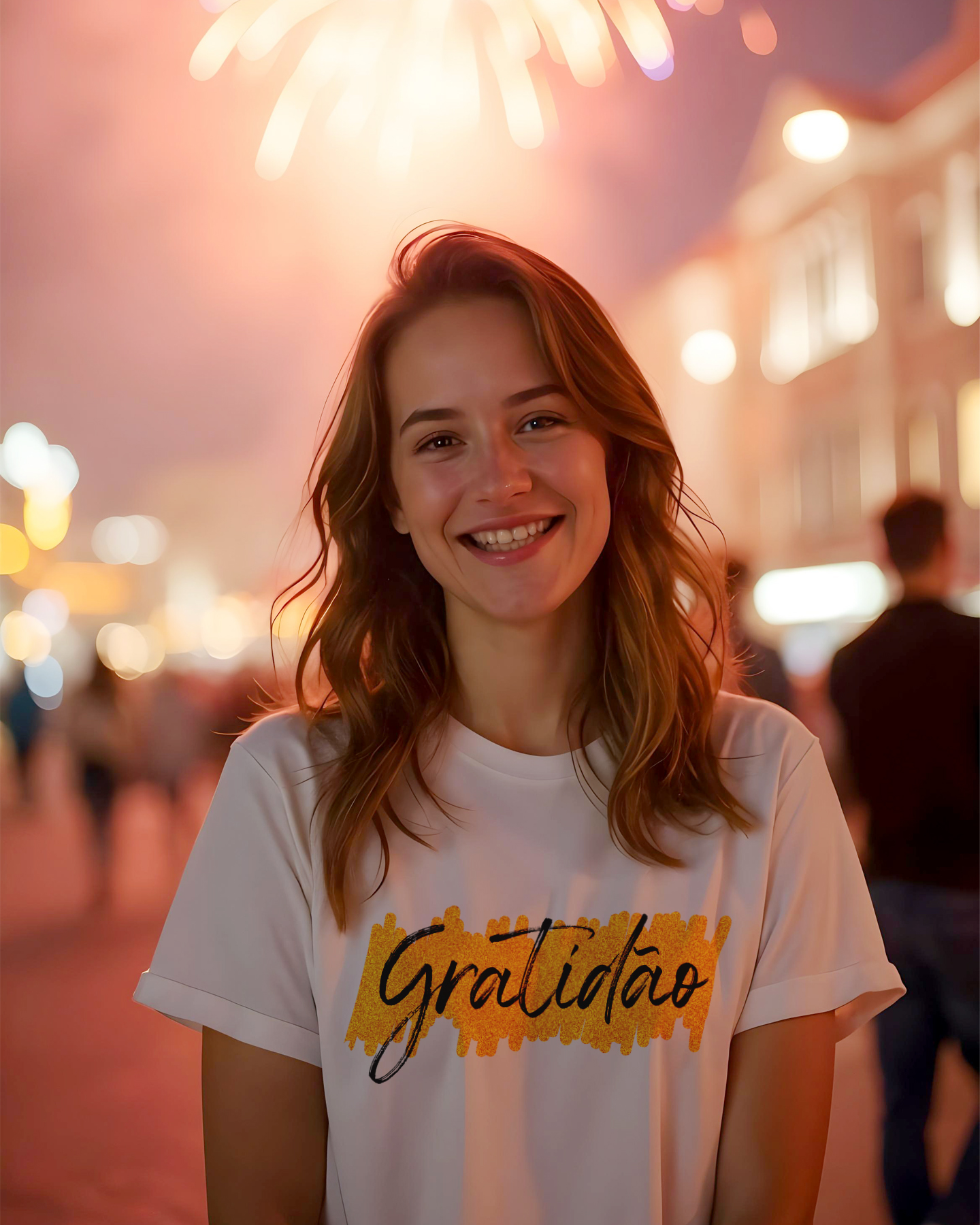 Mulher vestindo camiseta de algodão Gratidão 