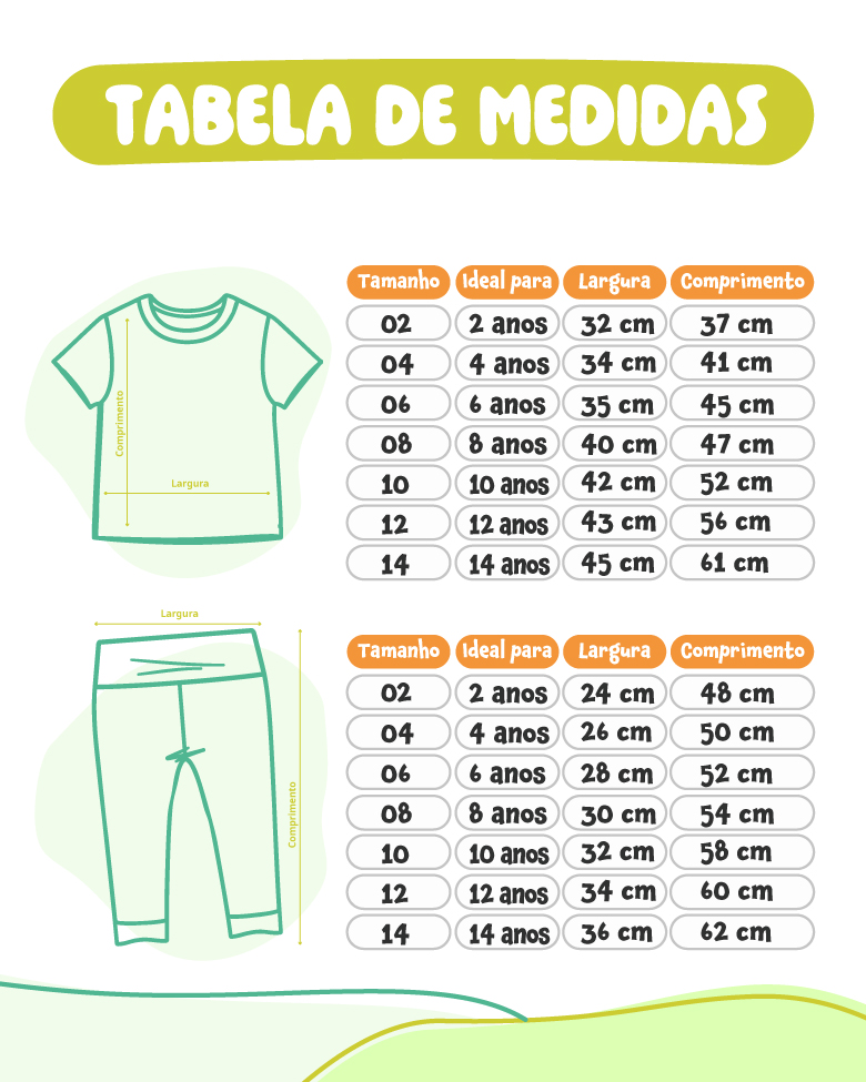 Tabela de medidas camiseta e legging longa