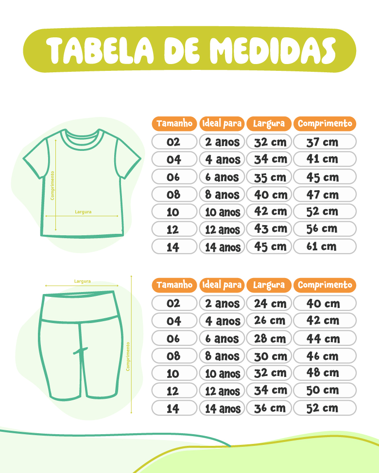 Tabela de medidas da camiseta e shorts legging