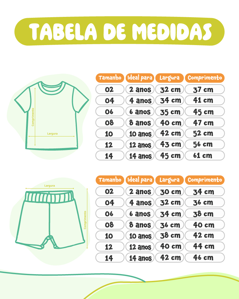 tabela de medidas - camiseta e shorts tactel