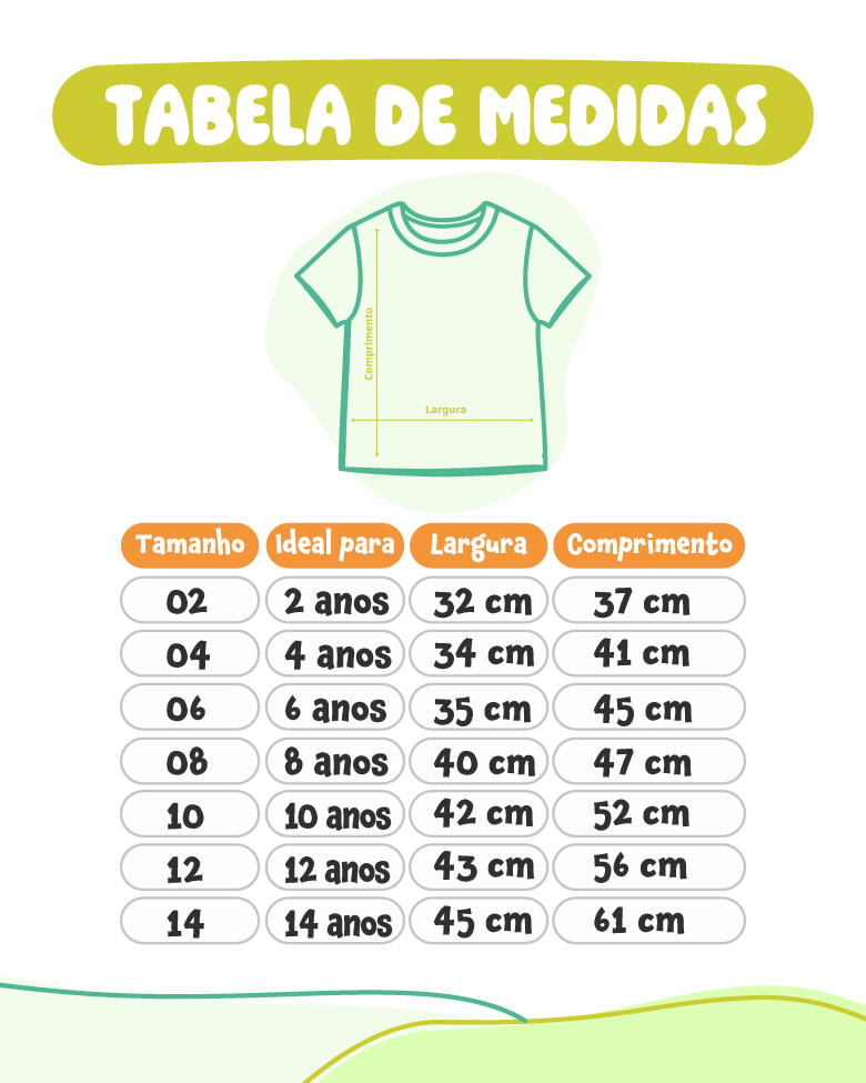 Tabela de medidas das camisetas de algodao