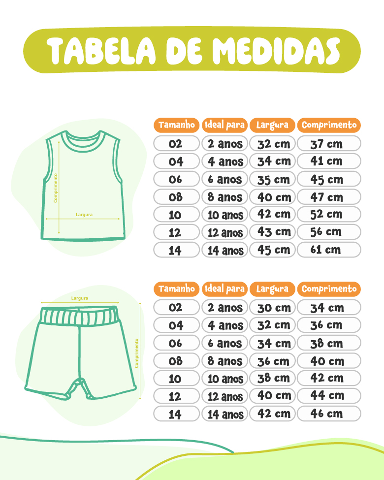 Tabela de medidas das regatas e shorts de verão 