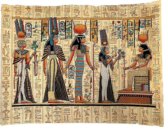 Rainha Nefertari fazendo uma oferenda de flores de lótus à Deusa Deusa do Egito - Pintura em papiro