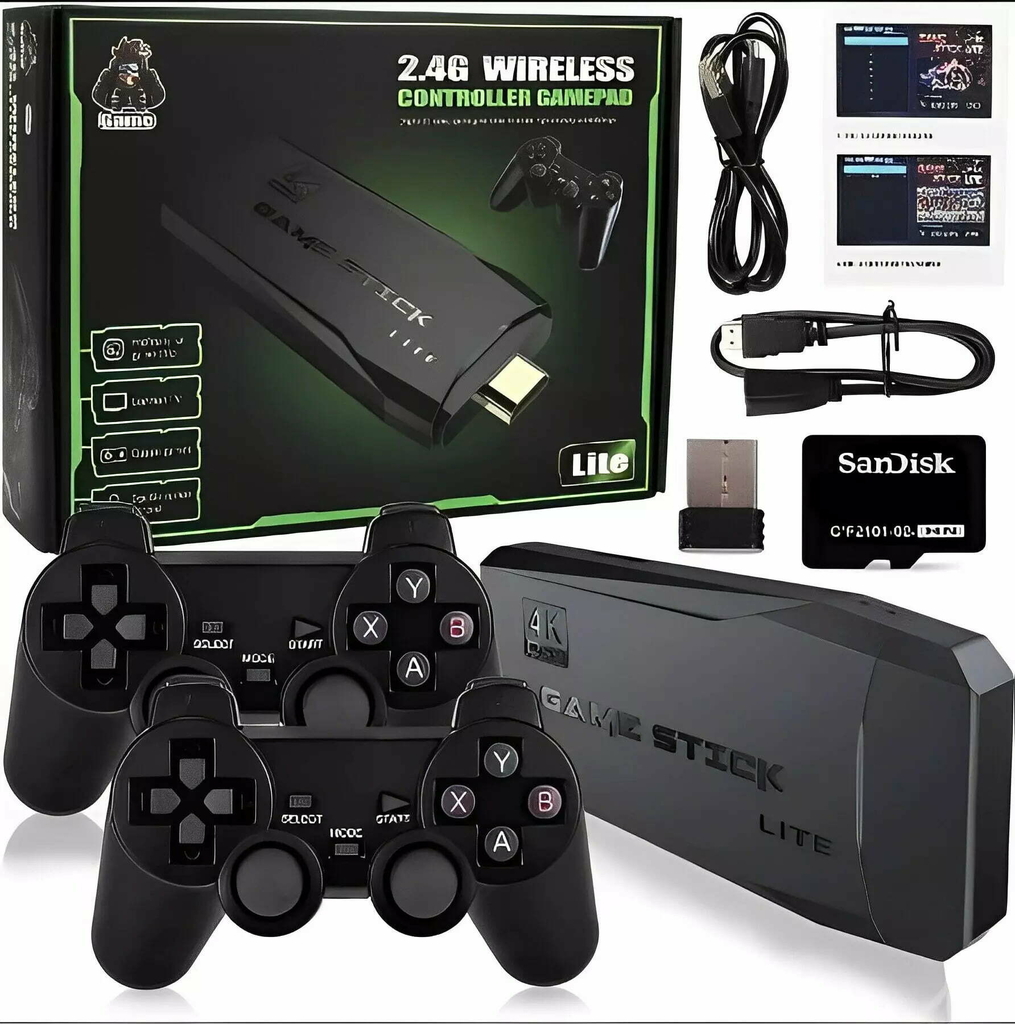 Game Stick Retrô 4k 64G com 30.000 Jogos Nostálgicos + 2 Controles Sem