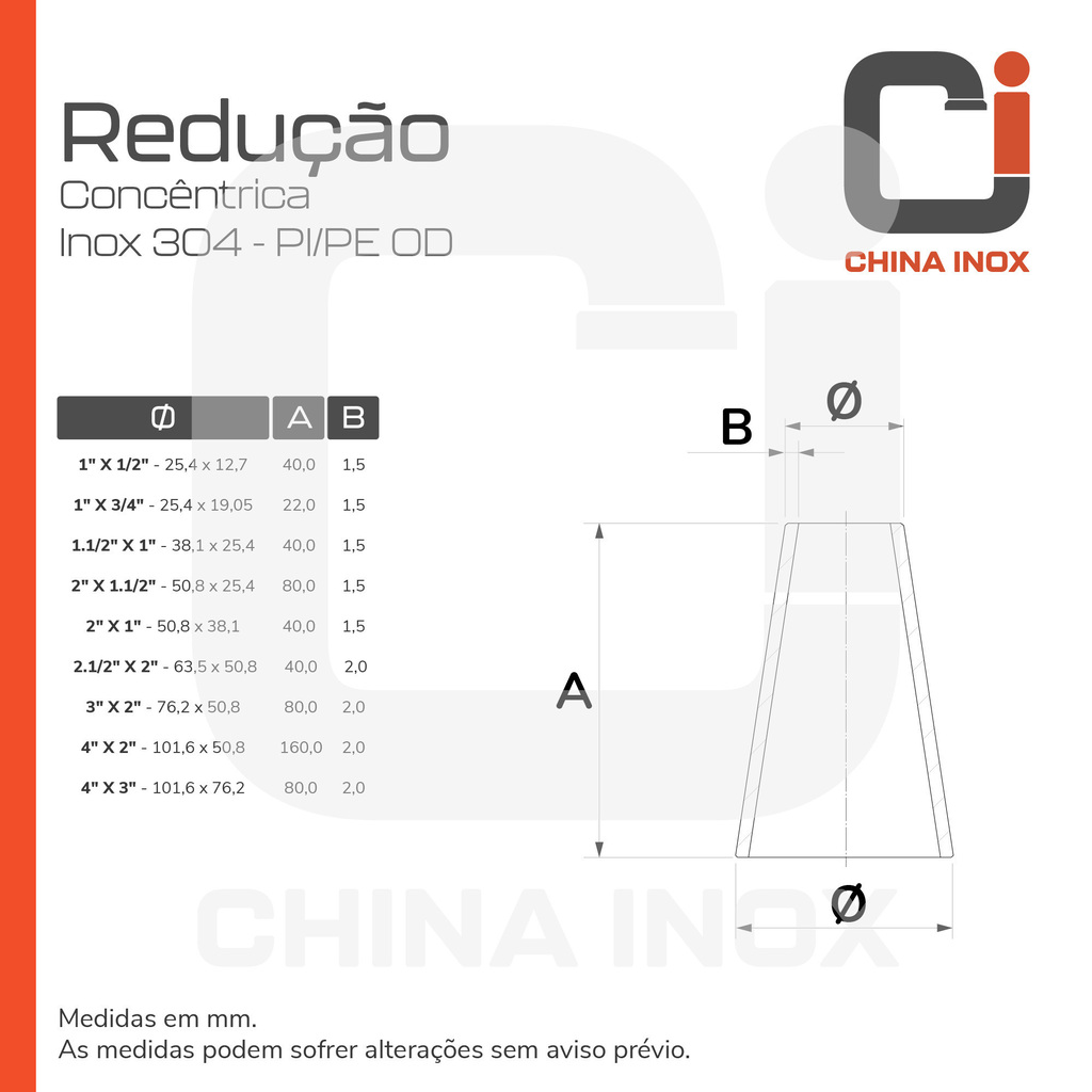 REDUCAO CONC. INOX 304 PIPE OD
