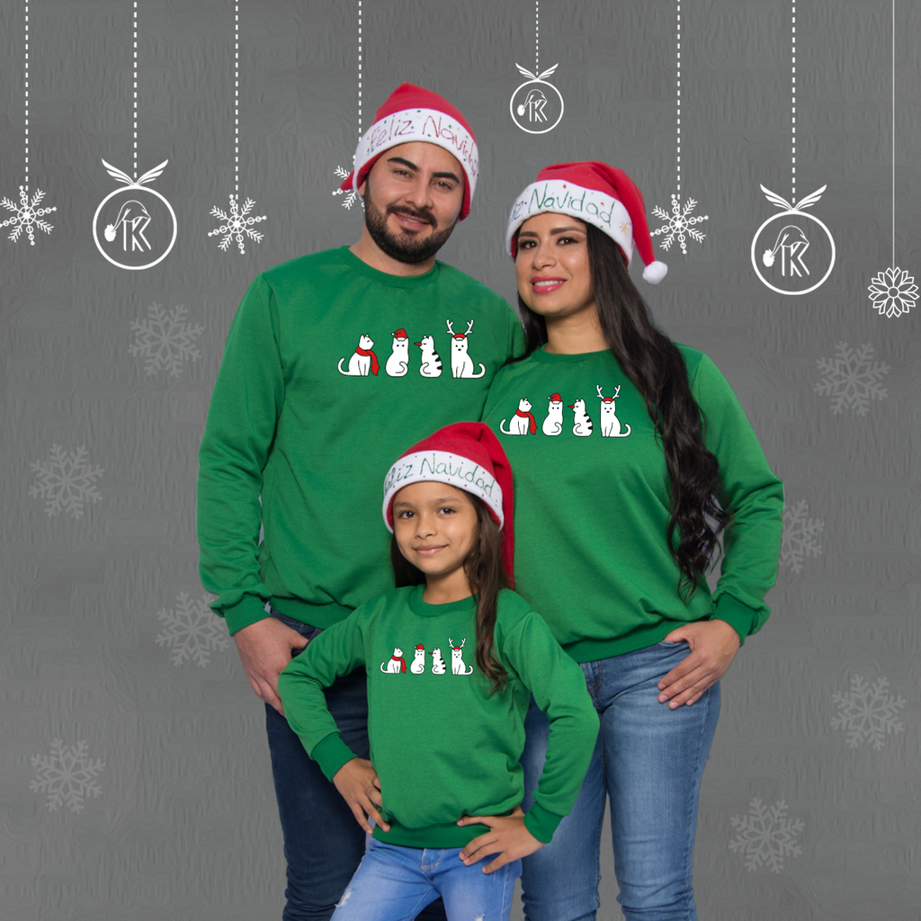 3 Buzos Sacos Hoodies Navide os Verde Familia Gatos