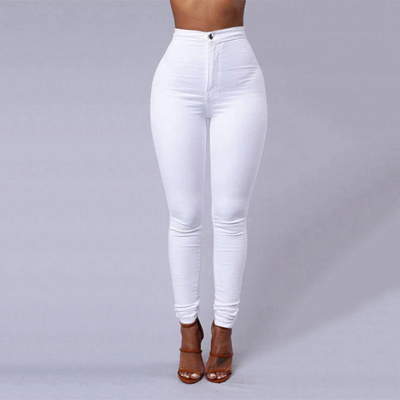 Calça jeans feminina com zíper, calça casual, leggings de cintura alta,  estir