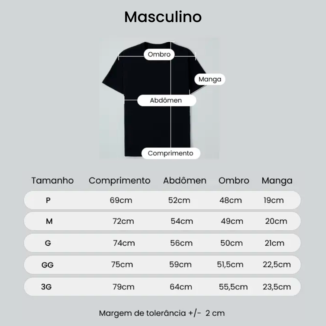 Tamanhos das camisetas masculinas.