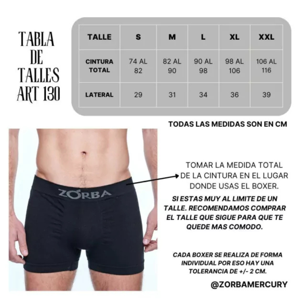 Guia de talle boxer Zorba 130