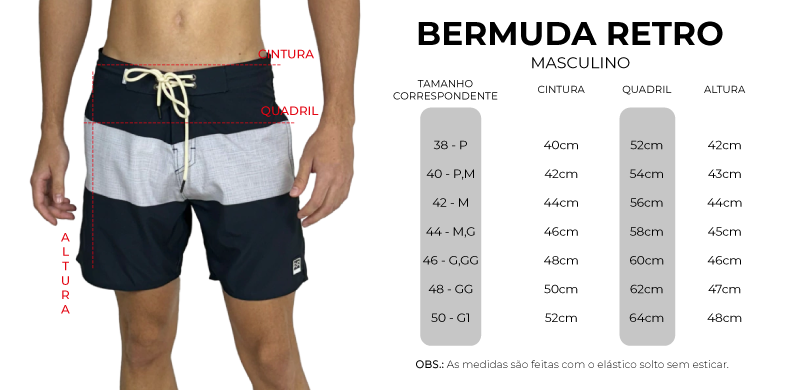 tabela de medidas bermuda retro masculina