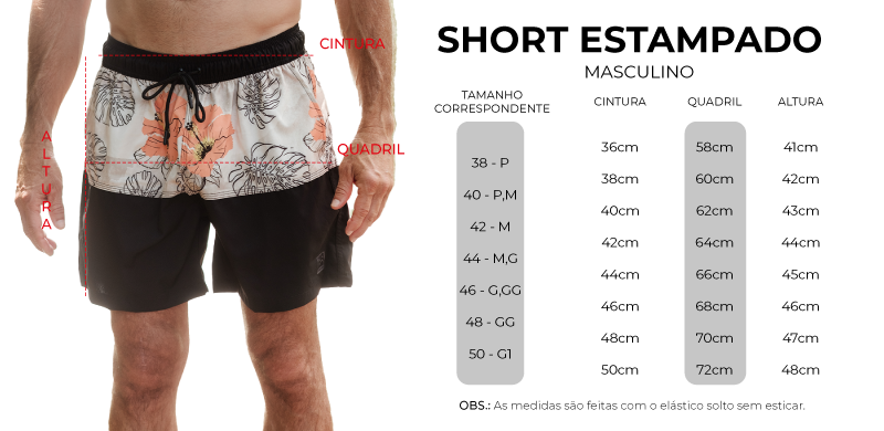 tabela de medidas short estampado masculino